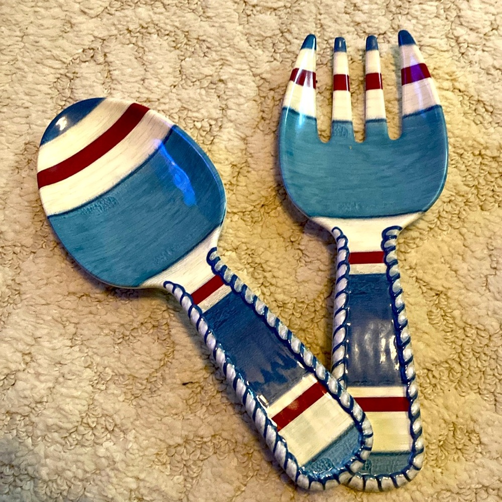 NWT Cynthia Coulter 2 piece set stripe salad spoon and fork